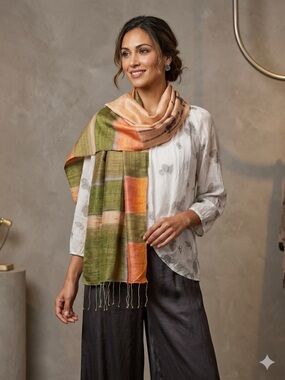 Artisan Hand-Painted Vietnamese 100% Raw Silk Scarf / Shawl